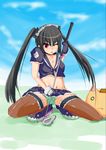  black_hair golf_club highres kooh kureson long_hair midriff miniskirt pangya panties papel red_eyes skirt solo thighhighs twintails underwear 