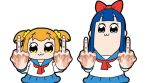  2girls :3 bkub blue_hair bow double_middle_finger eyebrows eyebrows_visible_through_hair fingernails hair_bow looking_at_viewer middle_finger multiple_girls pipimi poptepipic popuko sidelocks 