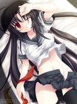  ai_takurou black_hair breasts large_breasts long_hair midriff navel no_panties one_eye_closed original red_eyes ribbon school_uniform serafuku skirt solo thighhighs very_long_hair 