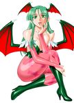  :d alternate_color animal_print bare_shoulders bat_print bat_wings boots breast_press breast_squeeze breasts bridal_gauntlets cleavage demon_girl feathers finger_to_mouth green_eyes green_footwear green_hair head_wings high_heels large_breasts lipstick long_hair makeup mokkouyou_bond morrigan_aensland naughty_face open_mouth pantyhose pinky_out print_legwear shoes sideboob sitting smile solo succubus vampire_(game) wings 