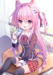  1girl animal_ears blush cat_ears cat_girl cat_tail chair collarbone curtains d_omm desk drinking_straw eyebrows_visible_through_hair fang fangs hair_ornament hair_ribbon highres holding juice_box long_hair long_sleeves looking_at_viewer milk moe2019 neck_ribbon on_desk open_mouth original pink_eyes pink_hair pink_ribbon red_ribbon ribbon school_chair school_desk school_uniform side_ponytail sitting sitting_on_desk smile solo tail tail_ribbon thighhighs window x_hair_ornament 