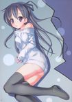  absurdres bare_shoulders black_hair blue_eyes blush bottomless copyright_request highres lying no_panties off_shoulder solo sweater takoyaki_(roast) thighhighs 
