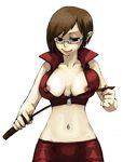  bespectacled breasts brown_eyes brown_hair cleavage glasses large_breasts meiko midriff nipple_slip nipples riding_crop short_hair smile solo vocaloid whip yone-shakku 