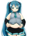  1girl belly_grab breasts chubby curvy fat hatsune_miku large_breasts lowres midriff plump solo vocaloid weight_conscious 