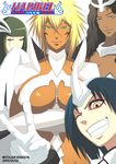  arrancar bleach blonde_hair blue_hair breasts brown_hair crossed_arms cyan_sung-sun dark_skin emilou_apacci espada franceska_mila_rose green_eyes green_hair grin kei-suwabe large_breasts long_hair multiple_girls one_eye_closed smile spoilers tier_harribel underboob v 