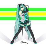  blue_hair cable elbow_gloves gloves green_eyes hatsune_miku hinnu@ao long_hair microphone necktie skirt solo thighhighs twintails very_long_hair vocaloid zettai_ryouiki 