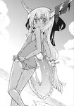  adjusting_clothes adjusting_swimsuit ass bare_legs bare_shoulders barefoot beach bracelet casual_one-piece_swimsuit cloud dutch_angle fang flat_chest frilled_swimsuit frills from_behind greyscale highres hikawa_shou horns ibuki_suika innertube jewelry kneepits long_hair looking_back monochrome non-web_source ocean one-piece_swimsuit one-piece_tan ribbon seaweed skinny solo swimsuit tan tanline thigh_gap touhou walking wavy_mouth wet wet_hair 