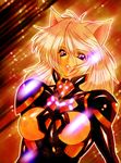  animal_ears blonde_hair bodysuit breastless_clothes breasts glowing huge_nipples koube_masahiko lips medium_breasts multicolored multicolored_eyes nipples solo sparkle 