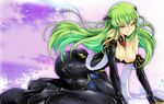  bad_anatomy bad_id bad_pixiv_id blush bodysuit breasts c.c. cleavage code_geass detached_sleeves green_hair high_heels large_breasts long_hair naughty_face nipples shoes solo subuta wet yellow_eyes 