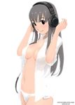  audio-technica black_eyes breasts headphones long_hair medium_breasts navel open_clothes open_shirt original panties ryu_(ryu's_former_site) shirt silver_hair sleeves_rolled_up smile solo underwear white_panties 