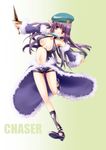  bare_shoulders beret breasts cameltoe choker cleavage covered_nipples detached_sleeves fish fur-trimmed_sleeves fur-trimmed_waist_cape fur_trim hat kawagoe_pochi knife large_breasts legs long_hair mouth_hold pointy_ears purple_eyes purple_hair ragnarok_online running short_shorts shorts solo spiked_anklet stalker thigh_strap waist_cape 