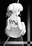  ahoge artoria_pendragon_(all) back blouse fate/stay_night fate_(series) from_behind greyscale highres looking_back monochrome namonashi rubbish_selecting_squad saber scan solo translated undressing 