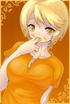  blonde_hair breasts cleavage eating finger_in_mouth honey large_breasts lileas mabinogi man_(man-room) orange_shirt sexually_suggestive shirt short_hair solo yellow_eyes 