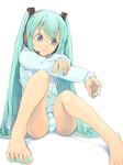  akinbo_(hyouka_fuyou) aqua_eyes aqua_hair aqua_nails barefoot fat_mons feet hair_ornament hatsune_miku headset long_hair nail_polish no_pants panties sitting solo spread_legs striped striped_panties sweater toenail_polish twintails underwear very_long_hair vocaloid 