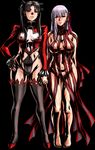  2girls barefoot black_background black_hair breastless_clothes breasts cameltoe cleavage_cutout corruption evil fate/stay_night fate_(series) hand_holding large_breasts long_hair looking_at_viewer matou_sakura multiple_girls nipples nude purple_hair revealing_clothes simple_background standing thighhighs tohsaka_rin twintails 