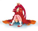  boots cape hair_ornament harayan long_hair pink_legwear ponytail red_hair sitting skull_hair_ornament solo tengen_toppa_gurren_lagann thighhighs yellow_eyes yoko_littner 