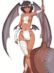  bandages bat_wings black_hair breasts copyright_request dark_skin demon_girl fang fingerless_gloves fumio_(rsqkr) fundoshi gloves grey_eyes hammer head_wings huge_weapon japanese_clothes loincloth medium_breasts nipples oversized_object short_hair sketch solo weapon wings 