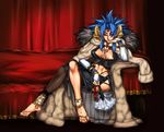  abs aozoraichi arm_support barefoot blue_hair breasts bridal_gauntlets copyright_request crossed_legs fan feet fur_coat horns jewelry large_breasts muscle nail_polish red_eyes red_nails sitting solo thighhighs toenail_polish 
