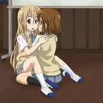  banned_artist blonde_hair blue_eyes blush brown_eyes brown_hair hirasawa_yui k-on! kotobuki_tsumugi long_hair mountain_pukuichi multiple_girls school_uniform yuri 