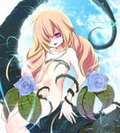  bad_id bad_pixiv_id blonde_hair dokulow fang flat_chest flower hair_over_one_eye leaf long_hair navel nude original plant purple_eyes solo thorns vines 