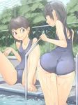  akinbo_(hyouka_fuyou) ass bare_shoulders black_eyes black_hair chain-link_fence copyright_request fence flat_chest leaning_forward long_hair multiple_girls nail_polish one-piece_swimsuit pool school_swimsuit short_hair sitting spread_legs swimsuit thigh_gap water wet wide_hips 