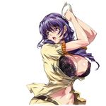  blush bra breasts copyright_request huge_breasts lingerie long_hair pink_eyes purple_hair q_azieru solo underwear 