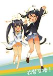  animal_ears black_hair blush brown_eyes cat_ears cat_tail closed_eyes cosplay costume_switch crossover francesca_lucchini francesca_lucchini_(cosplay) highres jumping k-on! legs long_hair mao_yu multiple_girls nakano_azusa nakano_azusa_(cosplay) panties school_uniform strike_witches striped striped_panties tail translated twintails underwear upskirt world_witches_series 