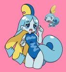  2019 alternate_species animal_humanoid animated blonde_hair blue_eyes blue_hair blush breasts clothed clothing female hair humanoid humanoidized ken_sugimori nintendo official_art pok&eacute;mon pok&eacute;mon_(species) pok&eacute;mon_humanoid pok&eacute;morph popcore reptile reptile_humanoid scalie scalie_humanoid simple_background sobble solo swimsuit video_games wobble 