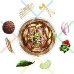  bowl food from_above ichiknees leaf liquid meatball no_humans noodles onion original pho vegetable 