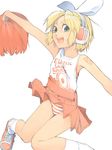  akinbo_(hyouka_fuyou) blonde_hair blue_eyes bow cheerleader hair_bow headset kagamine_rin panties pantyshot petite pom_poms short_hair solo striped striped_panties underwear vocaloid 