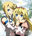  bad_id bad_pixiv_id blonde_hair blue_eyes blush braid bug butterfly copyright_name detached_sleeves flower hair_ornament happy headband hug insect long_hair lowres multiple_girls one_eye_closed shirley_fennes siblings side_ponytail sisters smile stella_telmes tales_of_(series) tales_of_legendia 