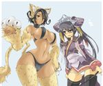  animal_ears black_hair blush breasts brown_eyes cat_ears cat_tail choker curvy dark_skin hips large_breasts long_hair lowleg lowleg_panties momio multiple_girls narrow_waist panties purple_eyes sangokushi_taisen short_hair tail thighhighs touhaku twintails underwear wide_hips zhu_rong 