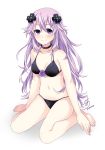  1girl absurdres adult_neptune bare_legs bare_shoulders bikini black_bikini black_choker blush breasts choker cleavage curly_hair d-pad d-pad_hair_ornament flower full_body hair_ornament highres long_hair medium_breasts navel neptune_(series) pia_(5pianno) purple_eyes purple_flower purple_hair purple_rose rose seiza shin_jigen_game_neptune_vii signature simple_background sitting smile smug solo swimsuit very_long_hair white_background 