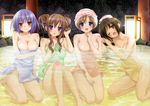  absurdres alternate_hairstyle barefoot blue_eyes blue_towel blush breast_hold breasts brown_eyes brown_hair cleavage covering double_bun green_towel hair_up highres kinoshita_tomomi kneeling konayuki_fururi large_breasts legs matsushima_koyuki medium_breasts multiple_girls nakahara_asami naked_towel nude_cover one_eye_closed onsen open_mouth peko pink_towel purple_eyes purple_hair red_eyes sitting smile towel towel_on_head water yellow_towel yoshioka_saeko 