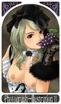  areolae art_nouveau black_eyes breasts choker collar flower food fruit fur gloves grapes harusaki_azumi large_breasts licking lipstick makeup may_(tea-break) nipples original photo-referenced solo tongue 