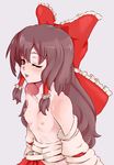  bad_id bad_pixiv_id blush brown_hair detached_sleeves flat_chest hakurei_reimu long_hair nipples one_eye_closed red_eyes ribbon sarashi shibasaki_shouji skirt solo topless touhou undone_sarashi upper_body 