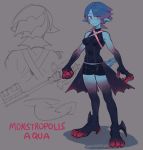  1girl :3 alternate_form aqua_(kingdom_hearts) black_shorts blue_hair blue_skin breasts character_name claws eyebrows_visible_through_hair full_body grey_background highres kingdom_hearts kingdom_hearts_iii medium_breasts monster_girl pointy_ears short_hair short_shorts shorts sketch sleeveless smile solo standing taikodon tail 
