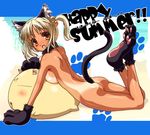  animal_ears arm_support ass back bell blonde_hair breast_press breast_rest breasts cat_ears cat_tail collar from_side hair_bobbles hair_ornament ishida_hiroyuki jingle_bell large_breasts legs_folded lying nude on_stomach one-piece_tan original paw_print paws shiny shiny_skin side_ponytail solo summer tail tan tanline yellow_eyes 