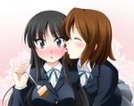  akiyama_mio black_eyes black_hair blush brown_hair cake closed_eyes food fork hirasawa_yui k-on! licking long_hair multiple_girls narutaki_shin pastry school_uniform short_hair yuri 