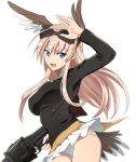  1girl animal_ears bird_ears bird_tail blonde_hair blue_eyes breasts goggles gun hanna-justina_marseille large_breasts long_hair looking_at_viewer military military_uniform miniskirt monochrome_background nanashino open_mouth panties rifle shiny shiny_clothes shiny_hair simple_background skirt smile solo strike_witches tail underwear uniform weapon white_background white_panties white_skirt world_witches_series 
