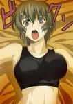  bed_sheet blue_eyes blush bouncing_breasts breasts ein_(phantom) fura green_hair large_breasts midriff open_mouth phantom_of_inferno requiem_for_the_phantom short_hair solo sports_bra sweat tank_top tears 