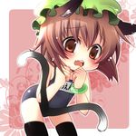  1girl animal_ears brown_hair cat_ears cat_tail chen female multi_tail multiple_tails short_hair solo swimsuit tail toki_ai touhou twintails 