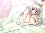  aogiri_penta bed bed_sheet blush breasts commentary_request day disconnected_mouth hairband hips idolmaster idolmaster_(classic) indoors large_breasts light_smile looking_at_viewer lying morning naked_sheet nude on_side pillow shijou_takane silver_hair solo under_covers waking_up 