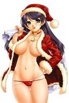  asakura_sakura ass_visible_through_thighs bell bell_choker breasts carrying_over_shoulder choker christmas cleavage coat collarbone cow_bell cowboy_shot fur_trim green_eyes hand_on_hip hands hat holding holding_sack large_breasts layered_panties lips long_hair long_sleeves lowleg navel open_clothes open_coat open_mouth original panties purple_hair sack santa_costume santa_hat simple_background skindentation solo thigh_gap underboob underwear white_background 