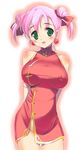  arms_behind_back bare_shoulders blush breasts china_dress chinese_clothes covered_nipples double_bun dress earrings final_fantasy final_fantasy_v green_eyes happy hima jewelry large_breasts lenna_charlotte_tycoon monk_(final_fantasy) no_panties pink_hair short_hair solo 