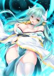  1girl aqua_hair bare_shoulders commentary_request dragon_horns fan fate/grand_order fate_(series) hair_between_eyes highres horns japanese_clothes kagura_nanaki kimono kiyohime_(fate/grand_order) long_hair looking_at_viewer no_panties smile solo thighhighs white_legwear wide_sleeves yellow_eyes 