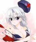  bad_id bad_pixiv_id bare_shoulders blue_eyes bra breasts cleavage hat hat_removed headwear_removed large_breasts lingerie silver_hair solo surprised sweatdrop torn_clothes touhou underwear utakata_(kochou_no_yume) yagokoro_eirin 
