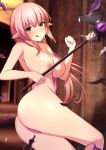  1girl ass bangs blurry blurry_background breasts cleavage commentary_request elf eyebrows_visible_through_hair feet_out_of_frame fou_zi green_eyes hair_between_eyes highres huge_breasts long_hair nude original pink_hair pointy_ears sidelocks smile solo tongue tongue_out wand wooden_wall 
