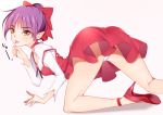  1girl ass breasts dress female gegege_no_kitarou kippuru kneepits nekomusume nekomusume_(gegege_no_kitarou_6) panties pointy_ears ponytail purple_hair red_dress small_breasts smile solo tongue tongue_out underwear white_panties yellow_eyes 