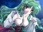  big_breasts blush breasts green_hair japanese_clothes kimono large_breasts long_hair moonlight red_eyes 